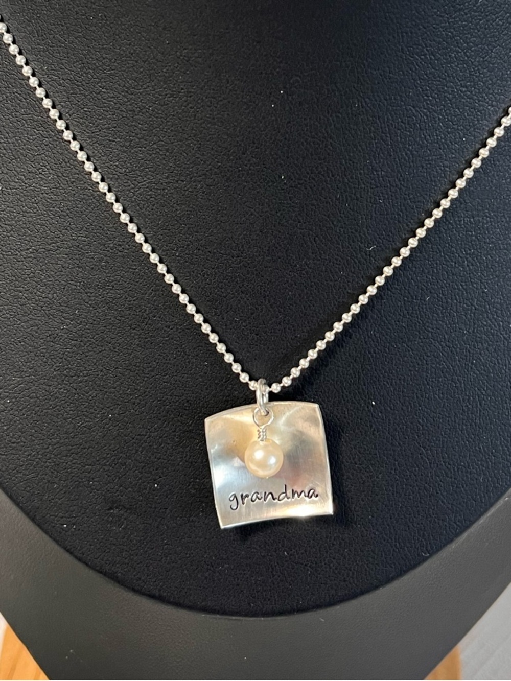 New Sterling Silver 'grandma' Square Pendant Necklace with white pearl